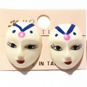 Vintage New Old Stock Hand Painted Mask Stud Pierced Earrings
